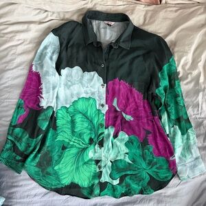 THE KIT Zoe Oversized Floral Abstract Button Down Shirt L Coastal Grandmother